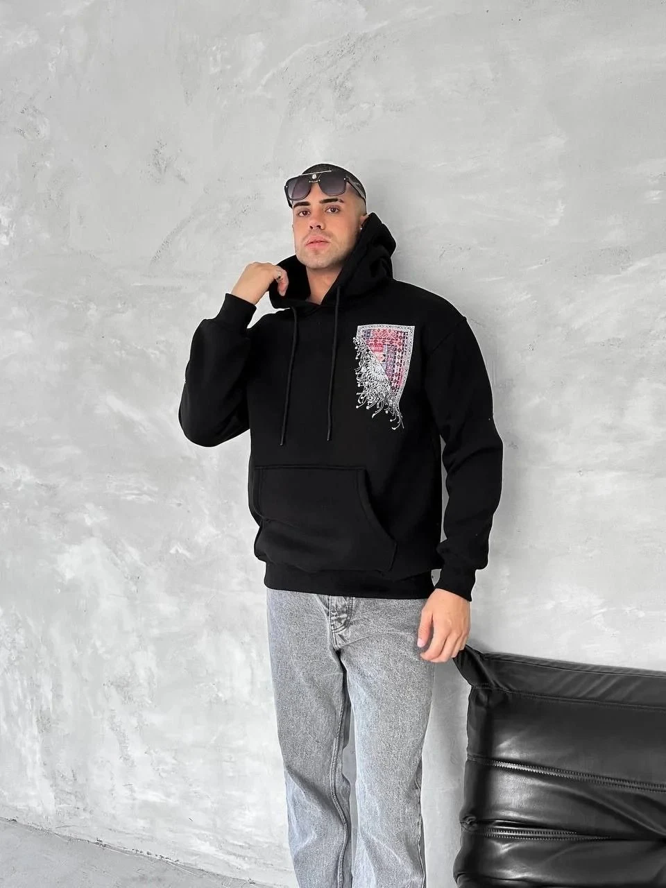 Men's Black 3-Thread Cotton Printed Hooded Kangaroo Pocket Sweatshirt