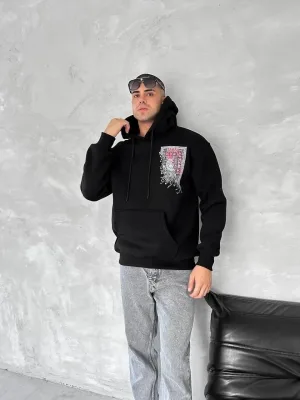 Men's Black 3-Thread Cotton Printed Hooded Kangaroo Pocket Sweatshirt