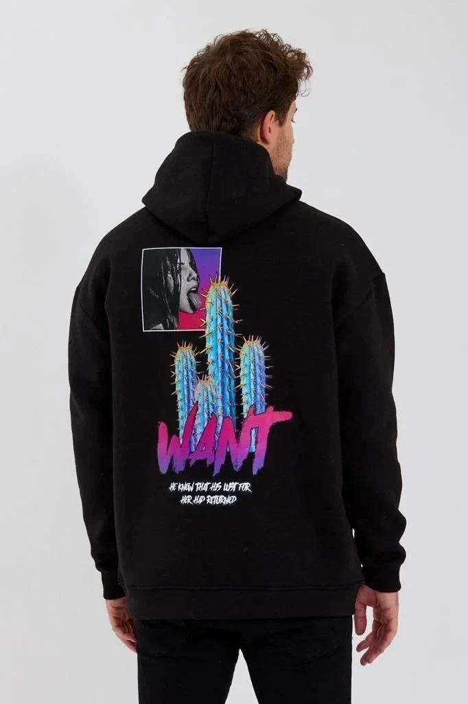 Машка црна oversize 3-нишки памучна качулка со џеб и принт