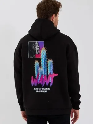 Машка црна oversize 3-нишки памучна качулка со џеб и принт