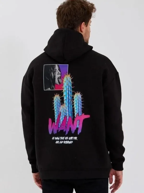 Машка црна oversize 3-нишки памучна качулка со џеб и принт 1