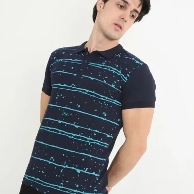 Kişi Tünd Göy Slim Fit Pike Zolaqlı Qısa Qol Polo Köynək 2