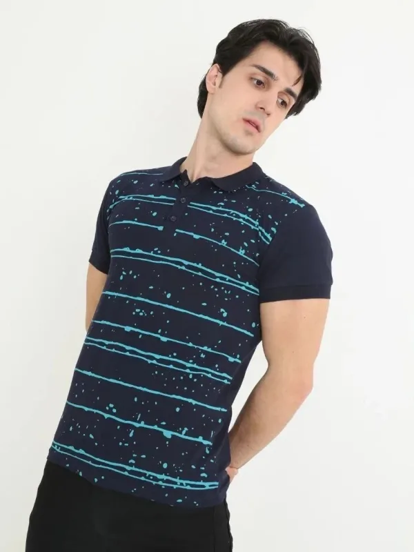 Kişi Tünd Göy Slim Fit Pike Zolaqlı Qısa Qol Polo Köynək 2