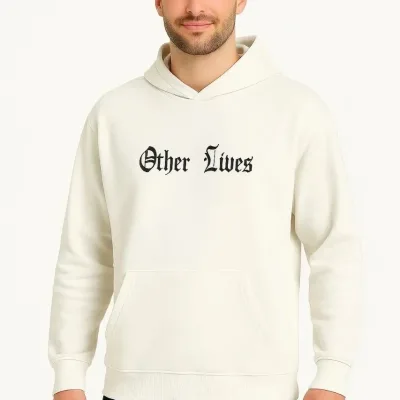 Férfi fehér 3 szálas pamut nyomott kapucnis kenguru zsebes sweatshirt 3