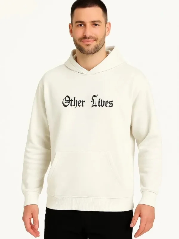 Férfi fehér 3 szálas pamut nyomott kapucnis kenguru zsebes sweatshirt 3