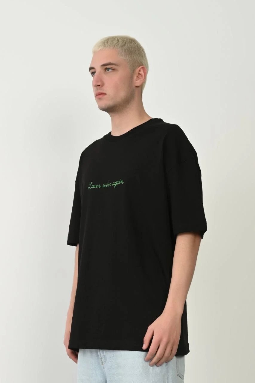 Ανδρικό Μαύρο Oversize Στρογγυλή Λαιμόκοψη Τυπωμένο T-Shirt