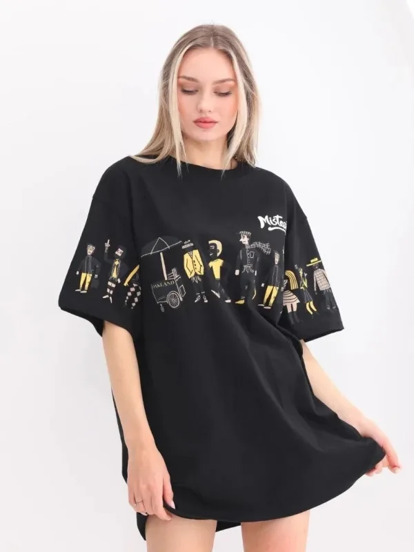 Női Fekete Oversize Kerékpárnyakú Mintás Póló 5