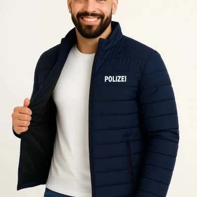 Muška tamnoplava mikro vodoodbojna prošivena bomber jakna sa printom i patent zatvaračem 2