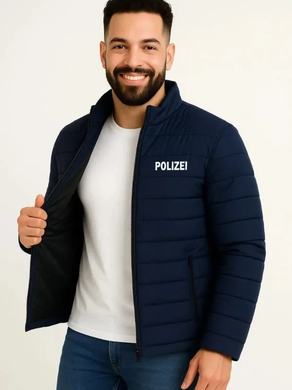 Muška tamnoplava mikro vodoodbojna prošivena bomber jakna sa printom i patent zatvaračem 2