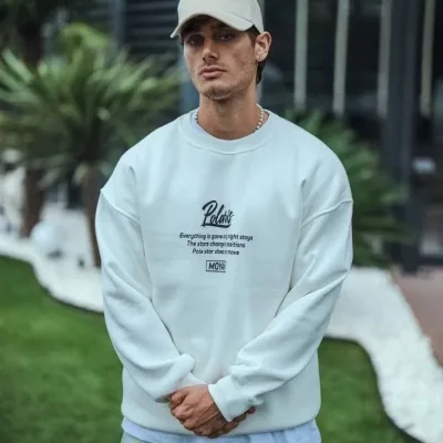 Muška bijela oversize 3-nitna pamučna majica s okruglim ovratnikom i printom sprijeda i straga, sweatshirt 1