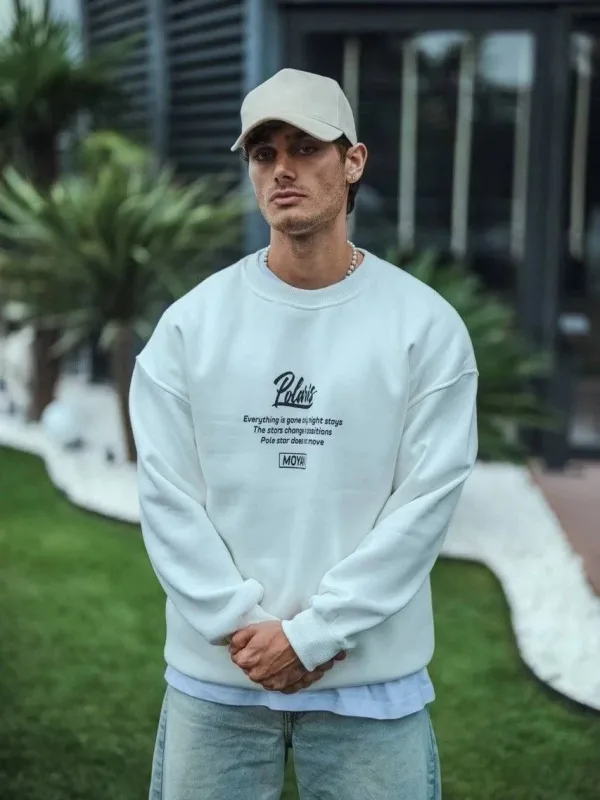 Muška bijela oversize 3-nitna pamučna majica s okruglim ovratnikom i printom sprijeda i straga, sweatshirt 1
