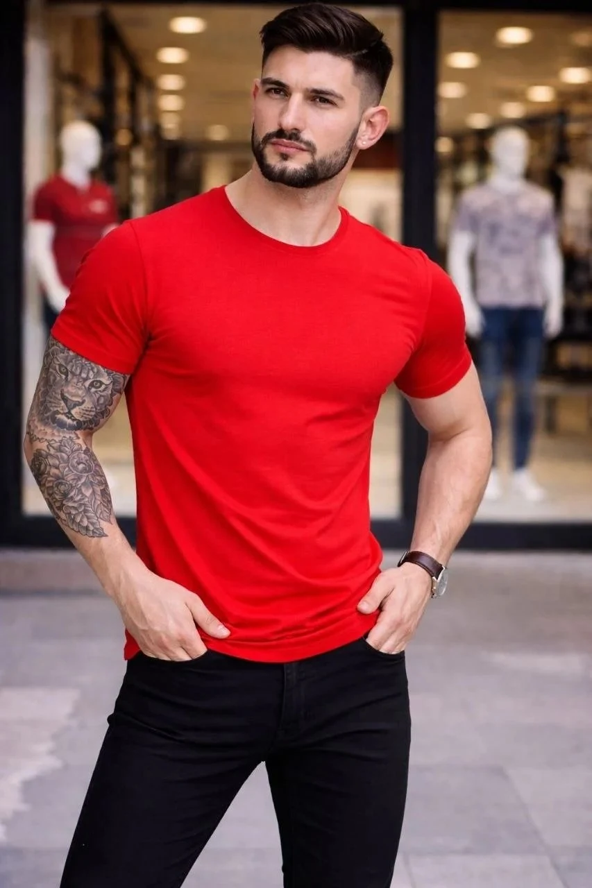 Kişi Qırmızı Slim Fit Likralı Velosiped Yaka Body Köynək