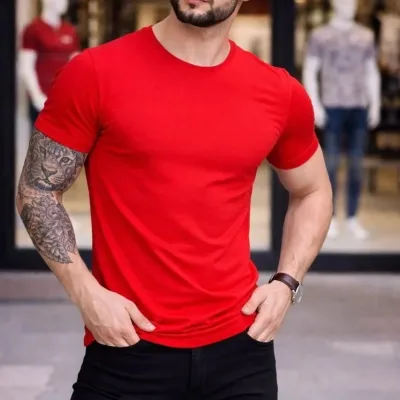 Kişi Qırmızı Slim Fit Likralı Velosiped Yaka Body Köynək 1