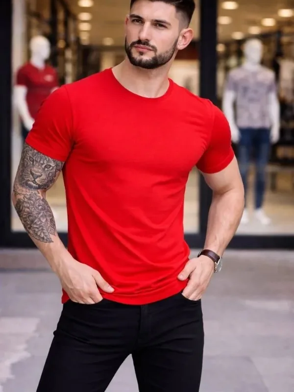 Kişi Qırmızı Slim Fit Likralı Velosiped Yaka Body Köynək 1