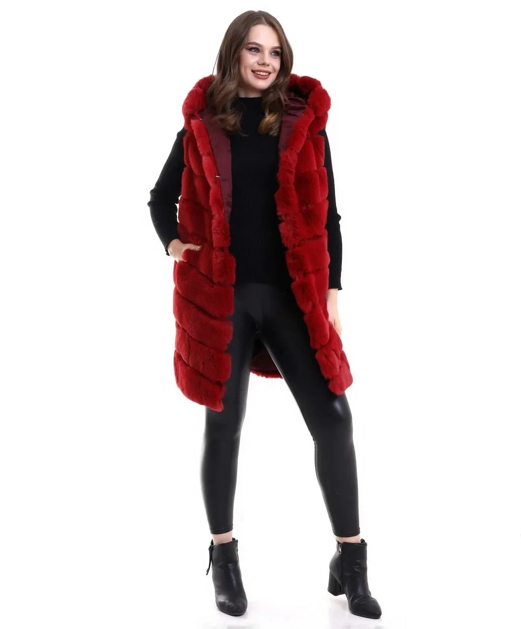 Women's Red Genuine Fur Hooded Vest