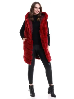 Women's Red Genuine Fur Hooded Vest