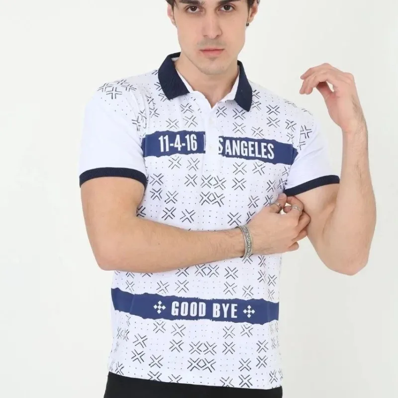 Pánske biele slim fit polo tričko s potlačou, krátky rukáv