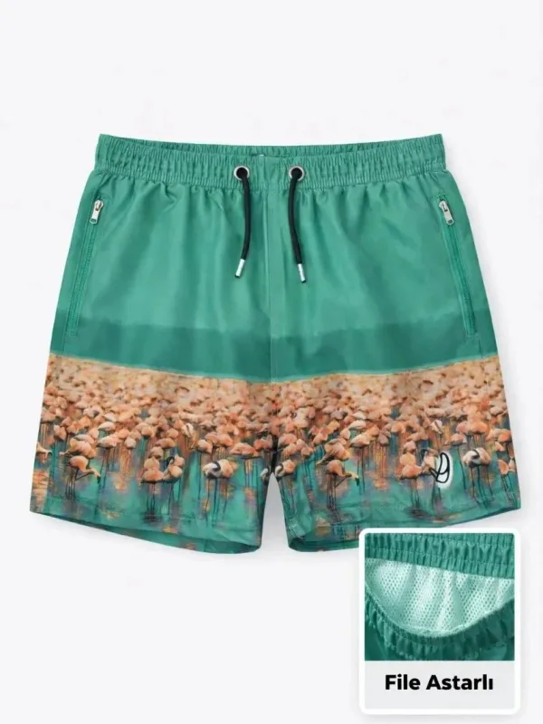 Men's Aqua Green Zippered Pocket Mesh Lined Quick-Dry Swim Shorts 3