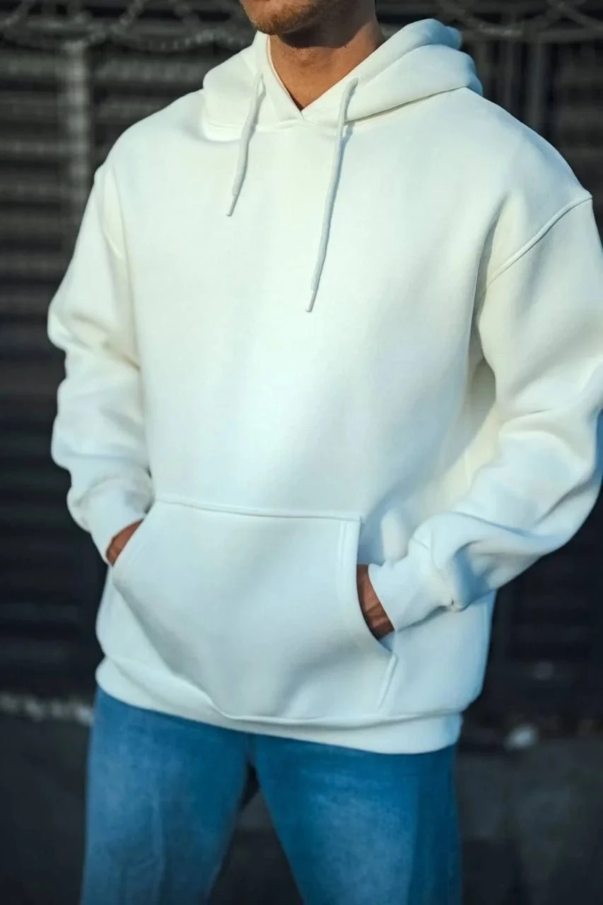 Men's White 3-Thread Cotton Hooded Basic Sweatshirt
