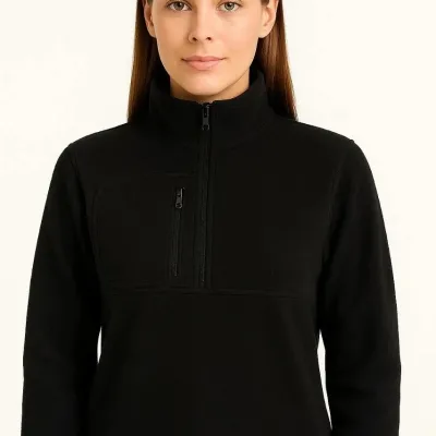 Women Black Stand Collar Half Zip Fleece Sweater Chest Pocket 1