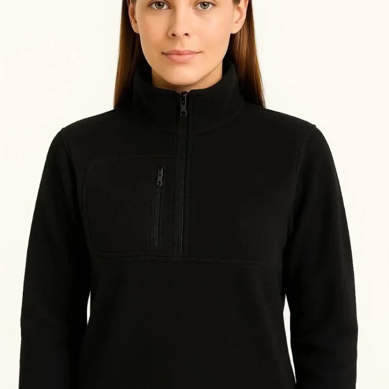 Women Black Stand Collar Half Zip Fleece Sweater Chest Pocket