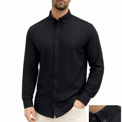 Kişi Qara Regular Fit Uzunqol Kətan Köynək 2