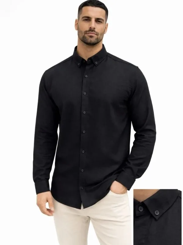 Kişi Qara Regular Fit Uzunqol Kətan Köynək 2