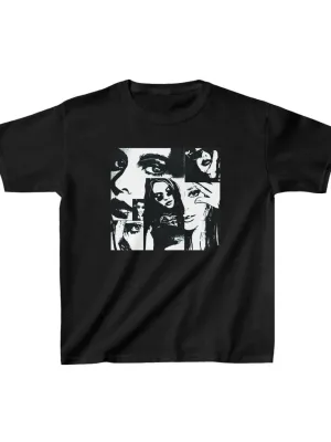 Детски црн oversize печатен кружен јака T-shirt