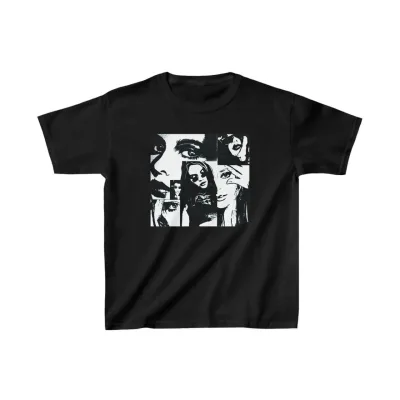 Детски црн oversize печатен кружен јака T-shirt 1