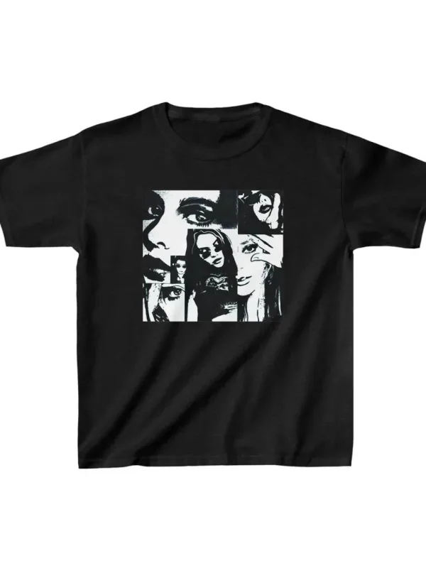 Детски црн oversize печатен кружен јака T-shirt 1