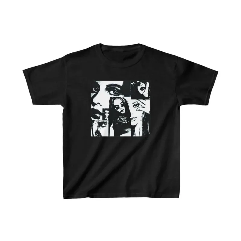 Детски црн oversize печатен кружен јака T-shirt