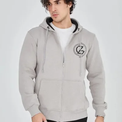 Burra Ngjyrë Gri E Lyer 3 Fije Pambuku Me Kapuç Me Zinxhir Me Printim Hoodie 4