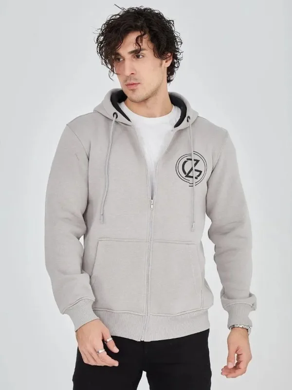 Burra Ngjyrë Gri E Lyer 3 Fije Pambuku Me Kapuç Me Zinxhir Me Printim Hoodie 4