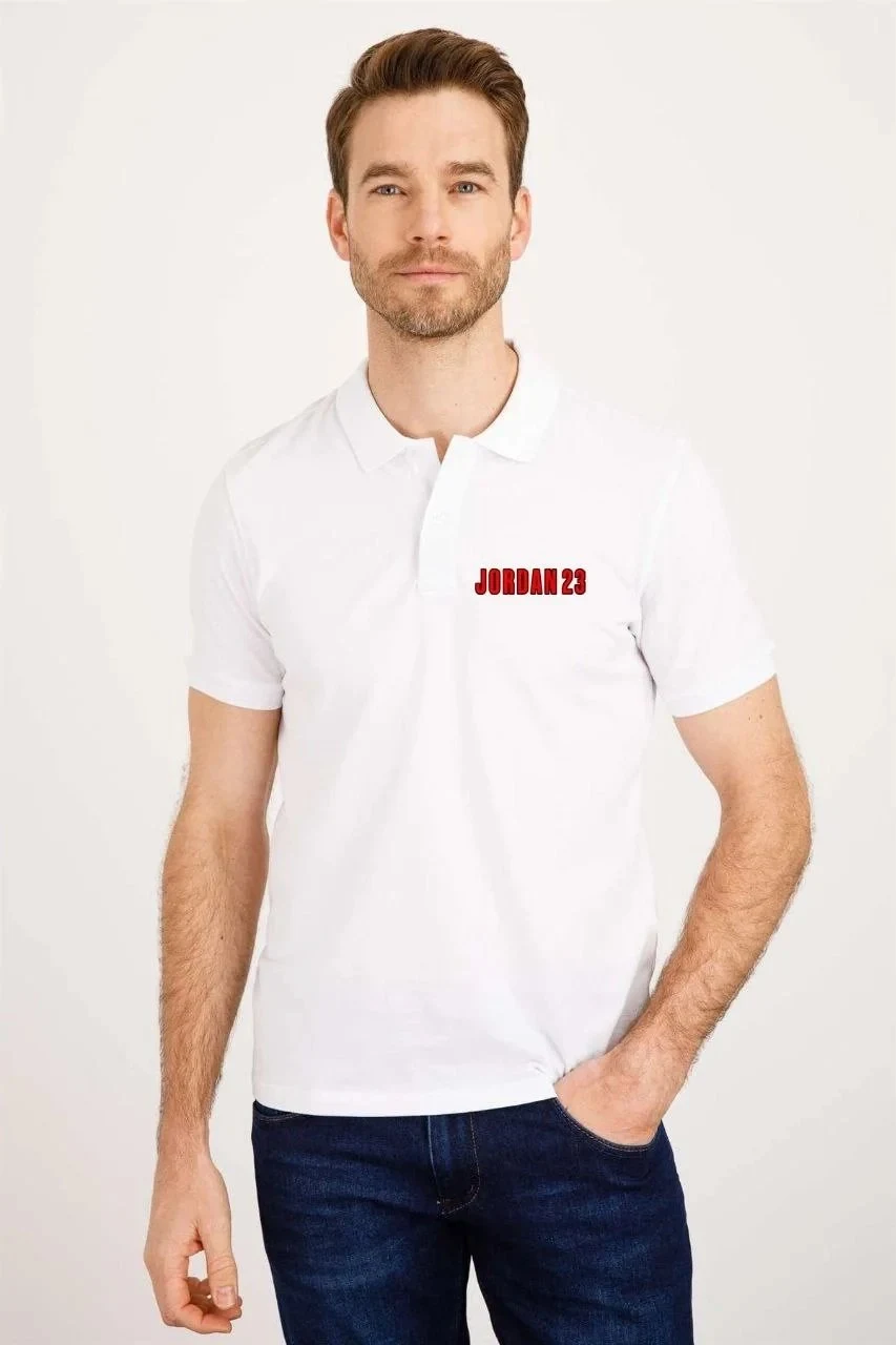 Férfi Fehér Pike Polo Galléros Gombos Nyomott Póló