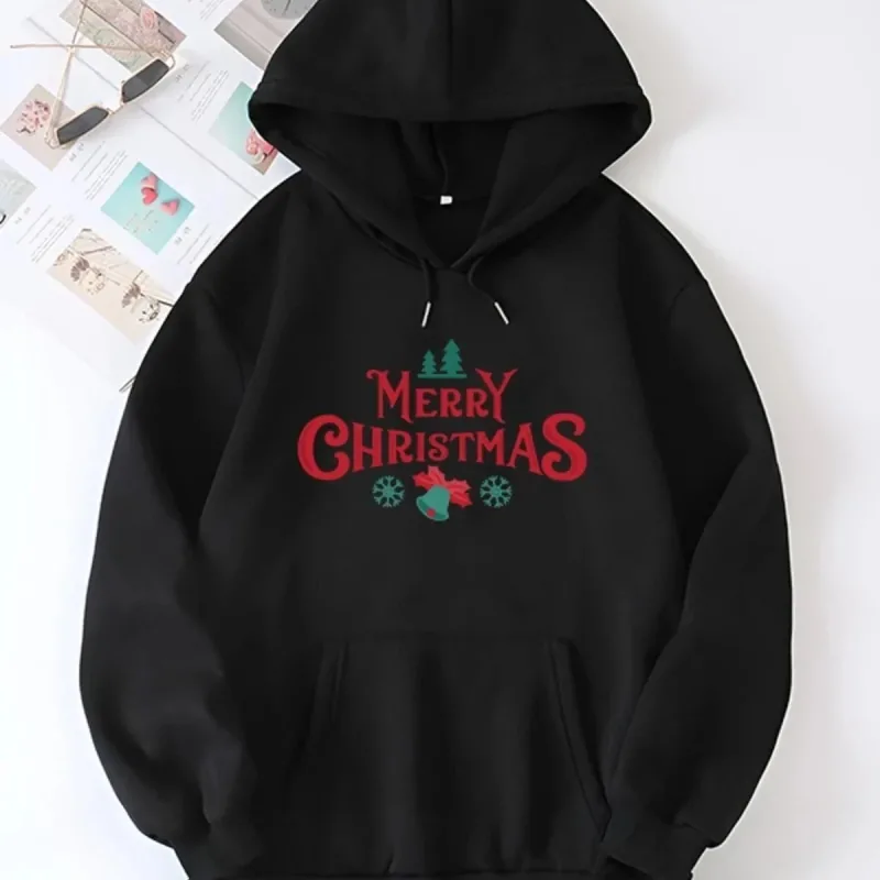 Férfi Fekete Oversize Karácsony Nyomott Kapucnis Sweatshirt