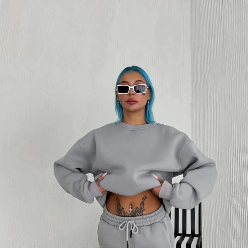 Női szürke 3 szálas pamut kerékpáros nyakú basic sweatshirt