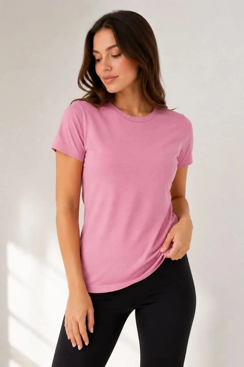 Женски розов slim fit велосипед јака основна маица