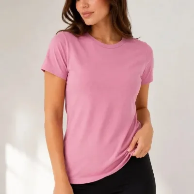 Ženska Ružičasta Slim Fit Biciklistička Kragna Basic Majica 1