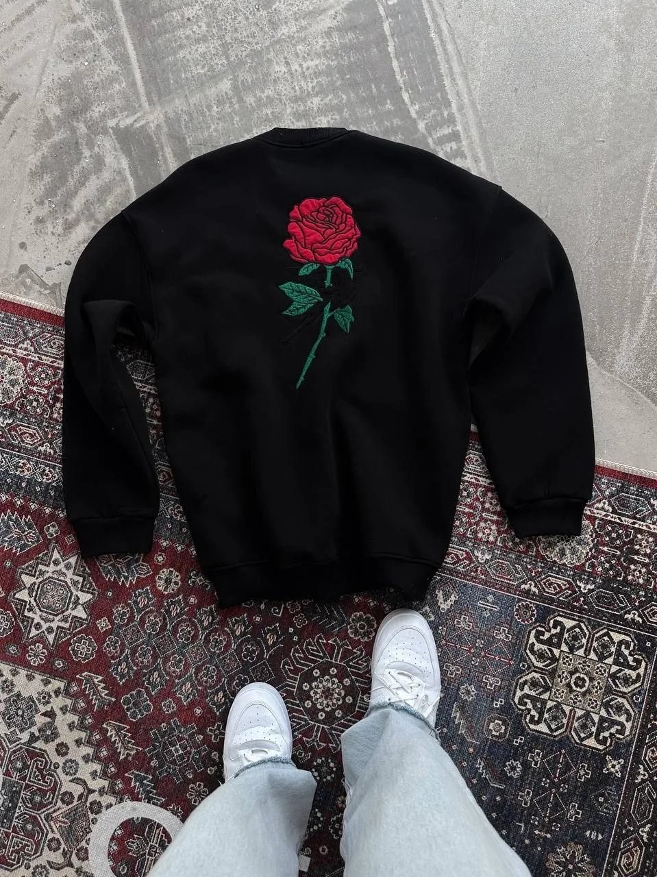 Γυναικείο Μαύρο Oversize Φούτερ με Κουκούλα, Print Τριαντάφυλλο, Βαμβακερό