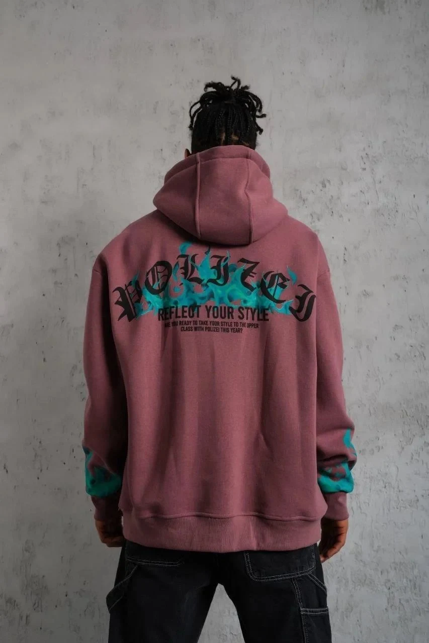 Men's Dusty Rose 3-Thread Cotton Lined Flame Printed Hooded Sweatshirt
