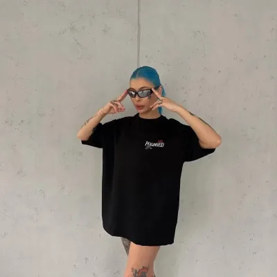 Ženska crna oversize biciklistička kragna printovana kratkih rukava majica 1