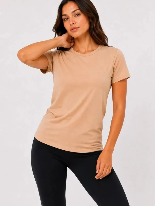 Femeie Bej Slim Guler Bicicleta Basic Maneca Scurta Tricou 1