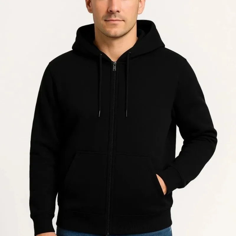 Men Black 3-Thread Cotton Full Zip Hooded Pocket Sweatshirt
