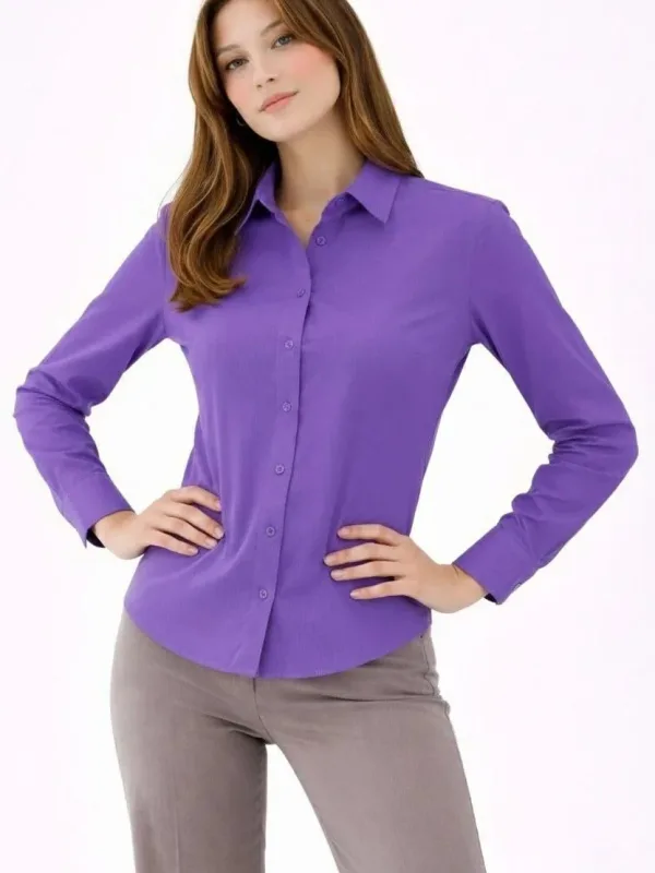 Women's Purple Classic Collar Buttoned Long Sleeve Shirt 5