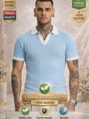Błękitny męski toskańska dzianina krótki rękaw polo T-shirt