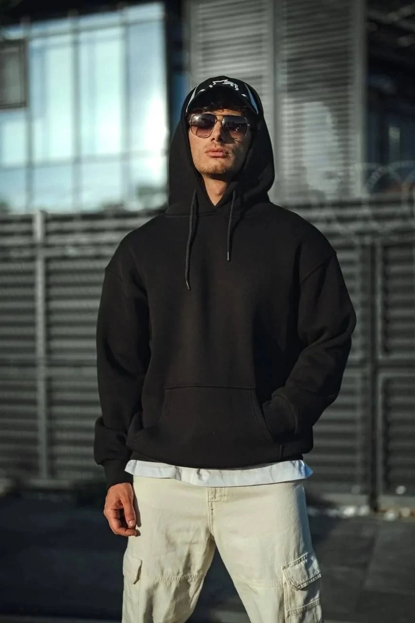 Pánské černé třívrstvé bavlněné mikiny s kapucí basic