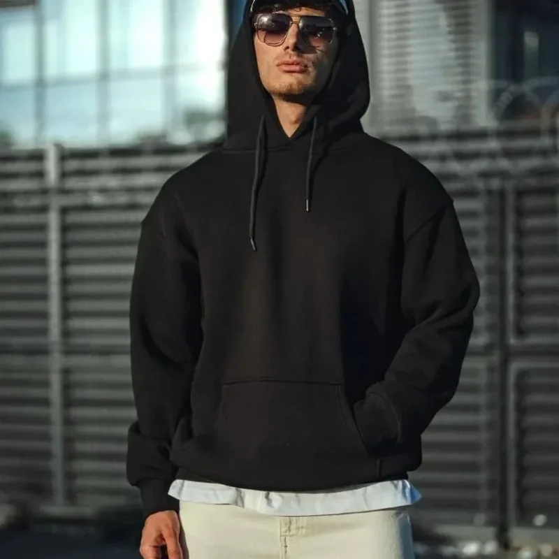 Muški crni 3 pređe pamučni kapuljačasti basic sweatshirt