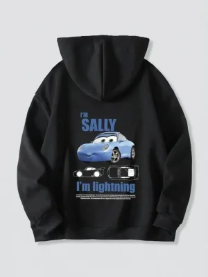 Férfi Fekete Oversize Autó Nyomott Kapucnis Sweatshirt
