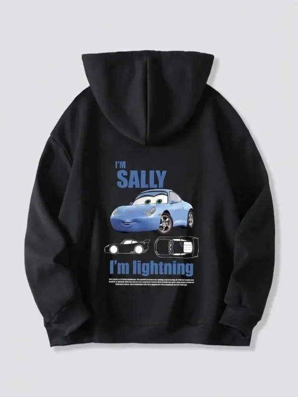 Sweatshirtê Kapşonê Oversize yê Reş ê Bi Çapkirina Otomobîlê