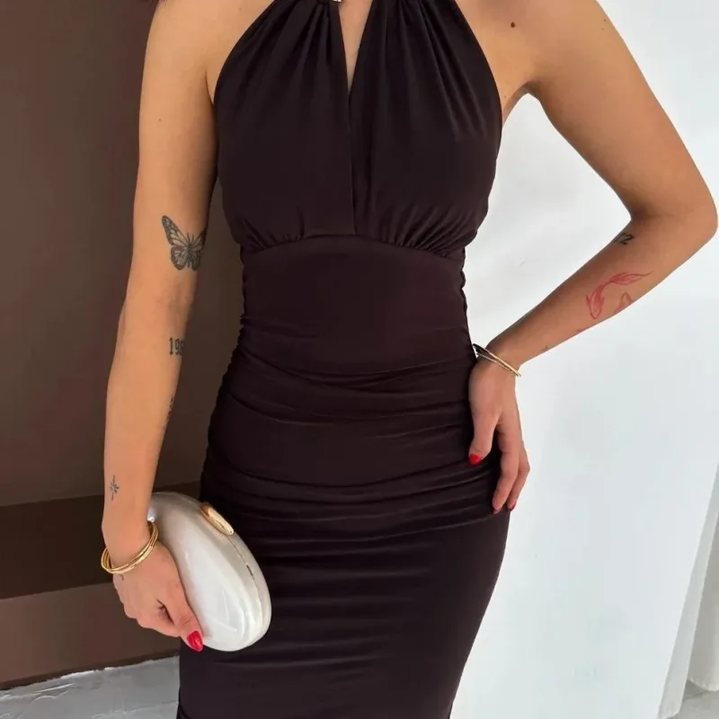 Ženska Smeđa Prorez Leđa Izrez Elegantna Duga Večernja Haljina